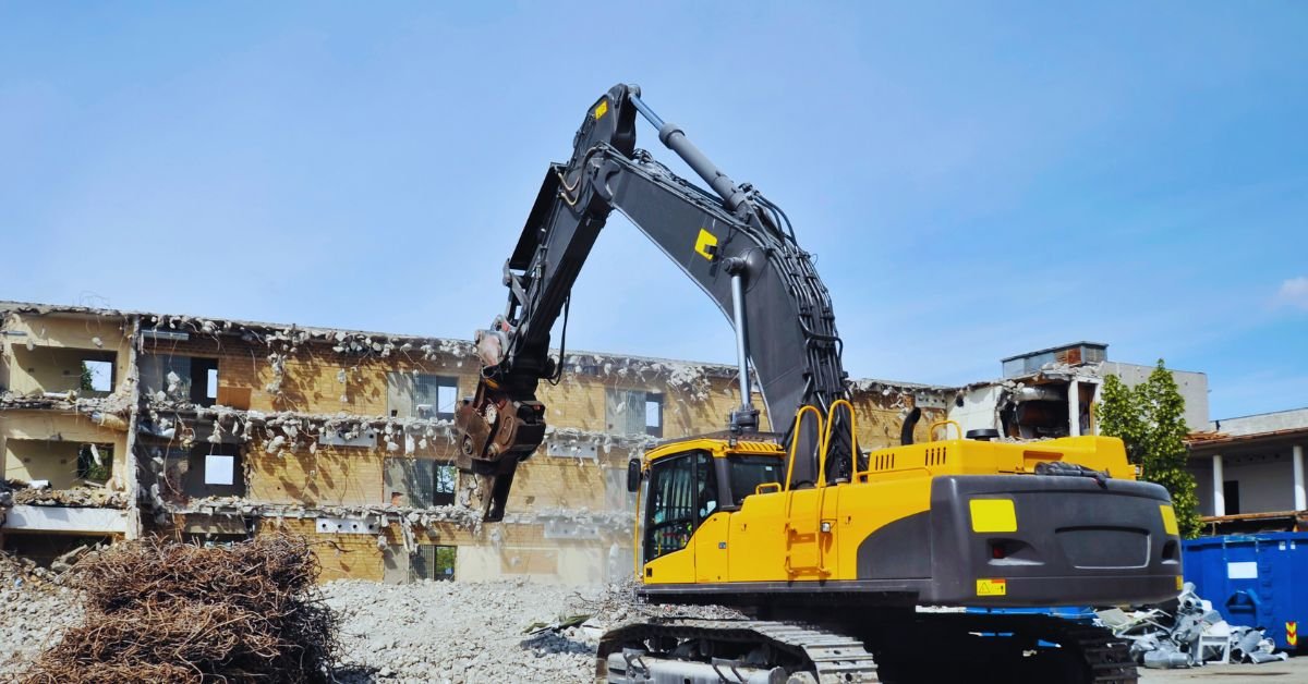 Demolition site in Parker, Colorado with heavy machinery clearing rubble